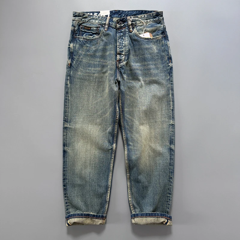 13.5oz Men's Japanese Indigo Blue Selvedge Straight Leg Denim Jeans for Men Artisan Vintage Spring Washed with Raw Hem Detailing