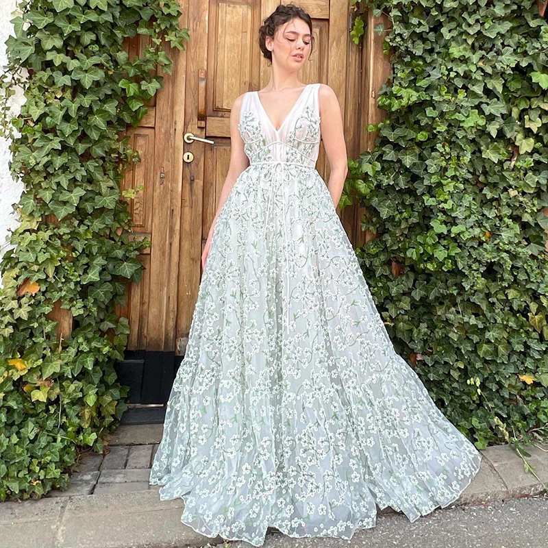 

Thinyfull Elegant A-Line Prom Dresses V-Neck Flower Printed Evening Dress Princess Saudi Arabia Cocktail Party Gowns Custom Size