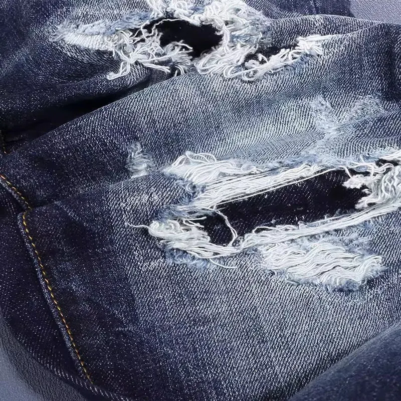 High Street Fashion Men Jeans Retro Blue Stretch Slim Fit Ripped Jeans Men Hole Patched Designer Hip Hop Brand Pants Hombre