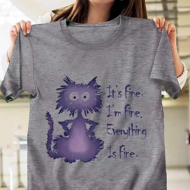 

Graphic Printed T Shirt Funny It's Fine Everything Is Fine Frazzled Cat Printed T-Shirt Unisex Personality Cat Casual Hip-Hop