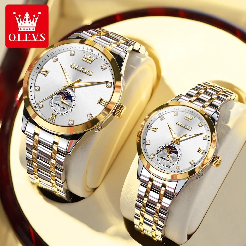 OLEVS 7041 Luxury Brand Couple Watch Automatic Mechanical Waterproof Watch Lover Gift Fashion Moon Phase Clock Men Women Watch