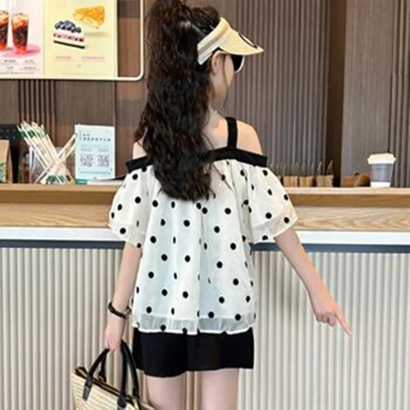 Girls Clothing Sets Summer Fashion Polka Dot Chiffon Tops and Shorts Suit Kids Clothes Set Children Off shoulder Girls Outfits