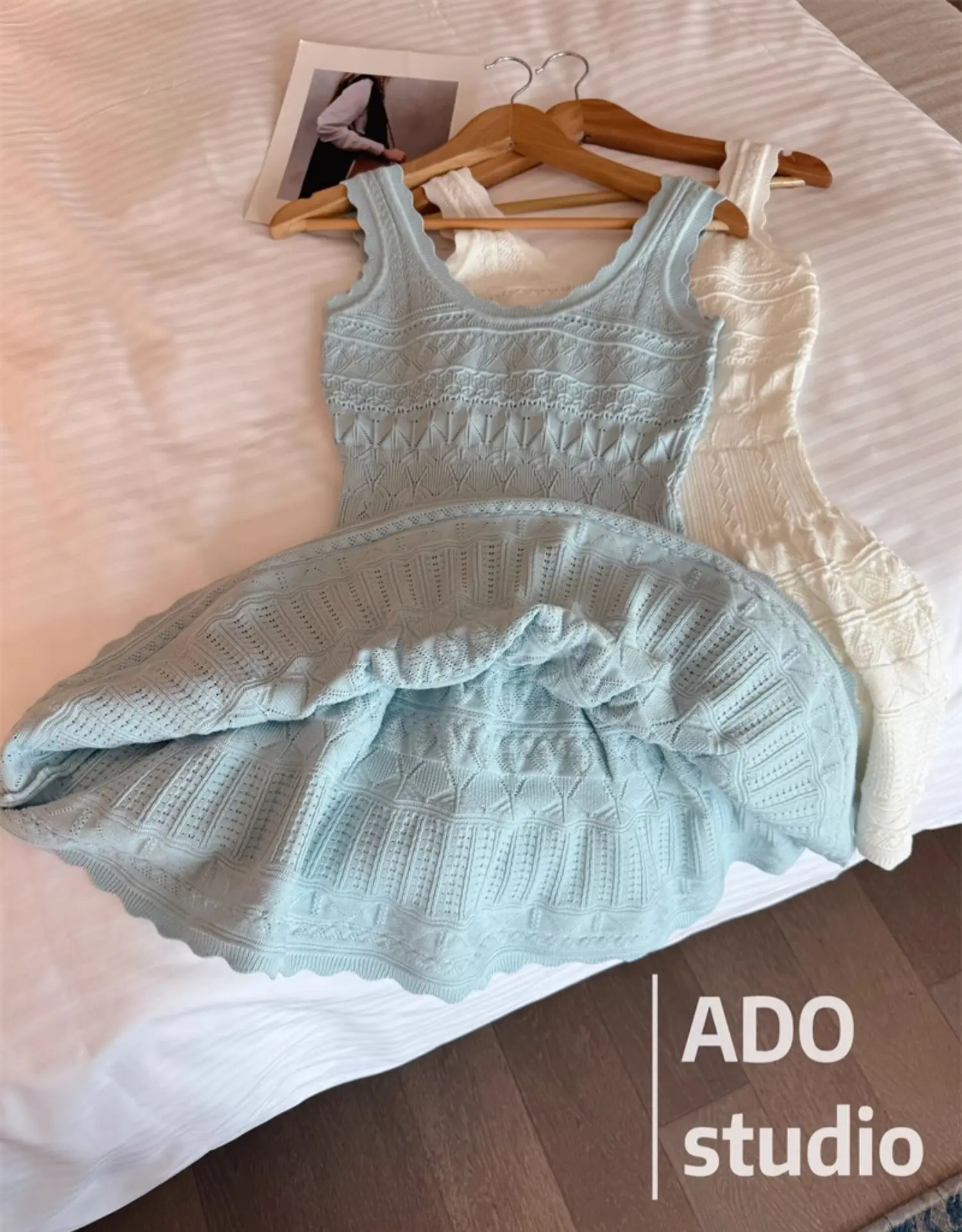 Korobov Solid Color Sweet A-line Dresses Ruffled Knitted Vest Dress for Women Summer French Style Hollow Short Skirt