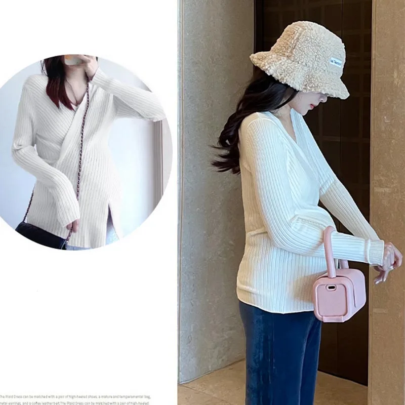 Maternity Sweater Autumn Winter Knitted Sweaters Loose A Line Splits Shirt Clothes for Pregnant Women Postpartum Pregnancy Tops