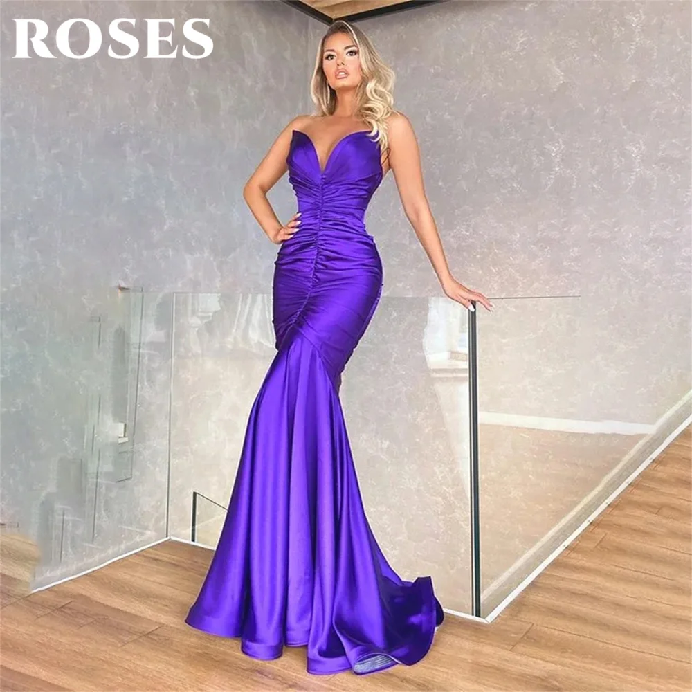 

ROSES Charming Purple Evening Dress Sweetheart Trumpet Satin Party Dress with Pleats Satin Robe De Soirée Sleeveless Prom Dress