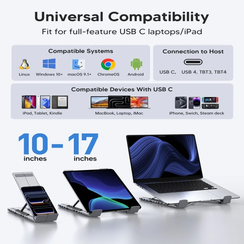 노트북 도킹 스테이션 11 in 1 USB C 허브 (4K@60Hz HDMI, PD 100W, SD/TF, 오디오) 유니버설 독 태블릿 스탠드 (맥북 프로/에어 호환)