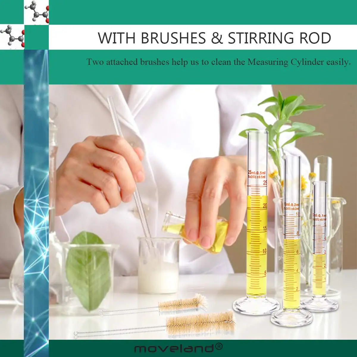 GlassGraduated Measuring Cylinders Set5ml/10ml/25ml/50ml/100ml Borosilicate Cylinders Kit 3Pipettes 2Clear Brushes 1Stirring Ro