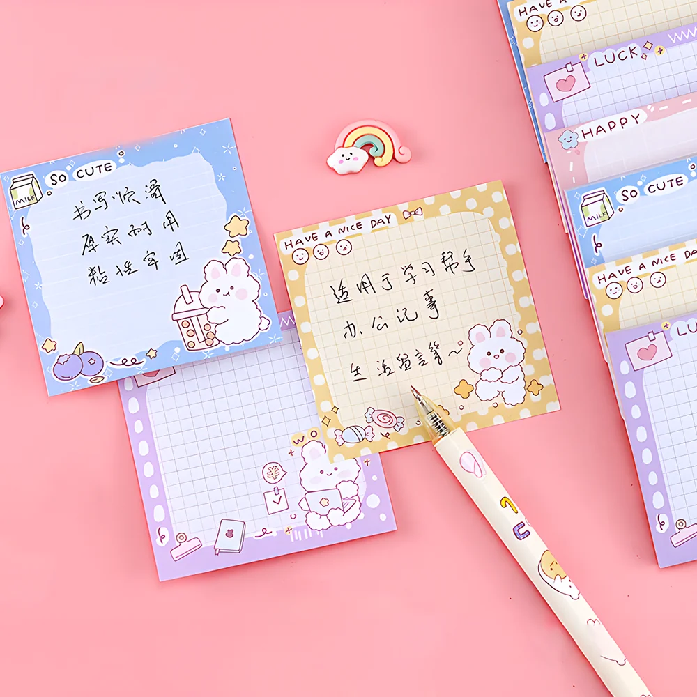 Self-adhesive Cute Kawaii Girl Bunny Grid Sticky Notes Plaid Memo Pad Post Notepad Stationery Index Tab Check List To Do Planner 4