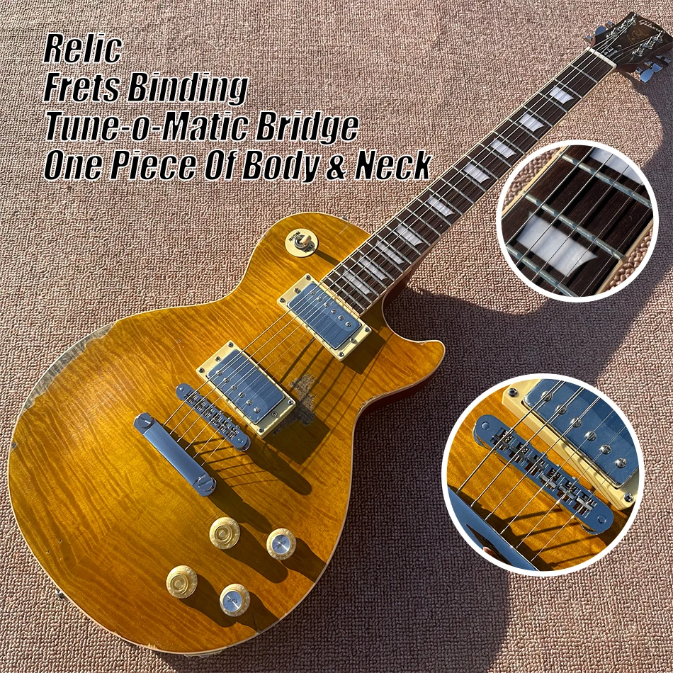 

Relic LP Standard Electric Guitar, One piece body & neck, Frets Binding, Tune-o-Matic Bridge, Gary Green Honey Sunburst Flame Ma