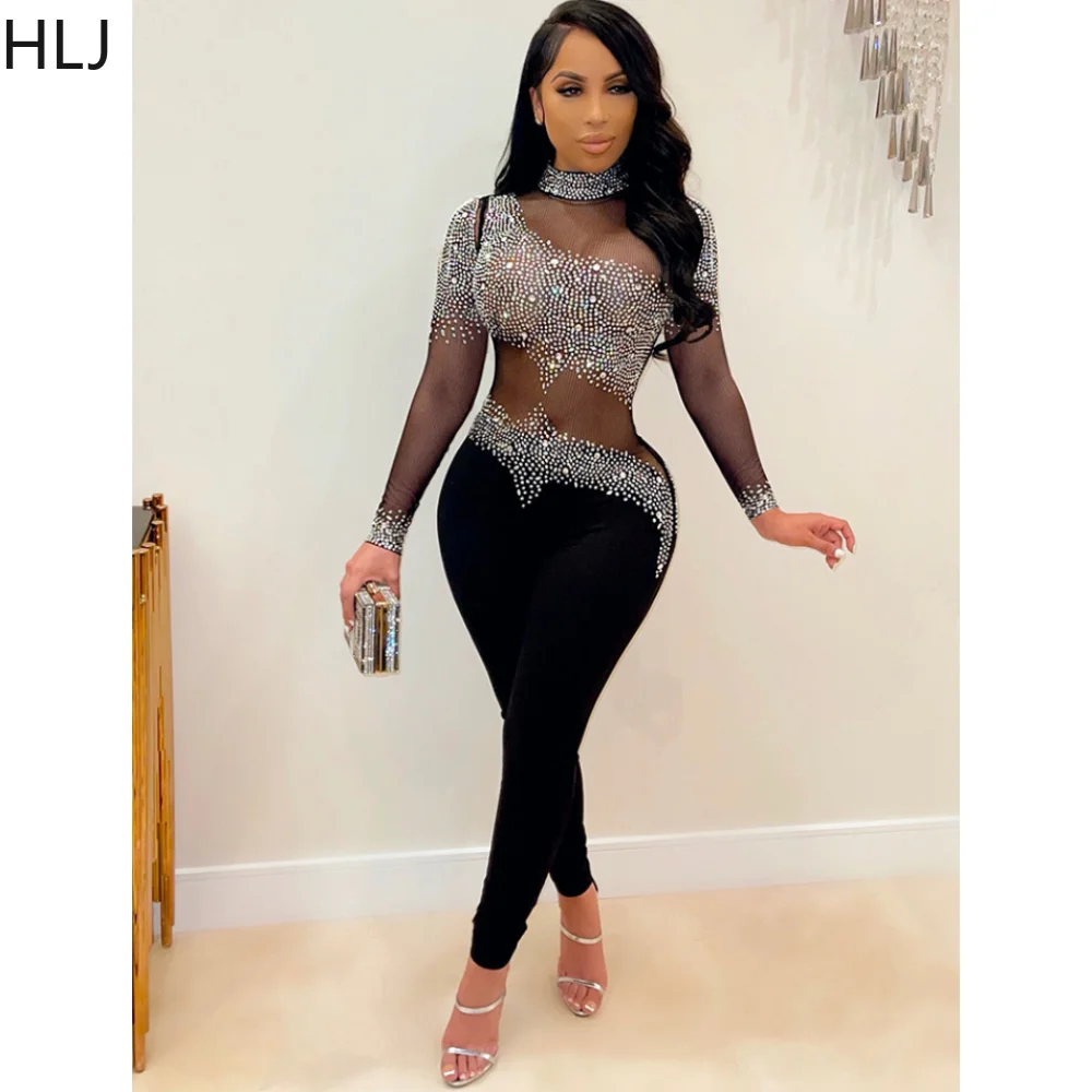 HLJ Fashion Luxury Rhinestone Mesh Perspective Jumpsuits Women Round Neck Long Sleeve Bodycon Playsuits Sexy Lady Party Overalls