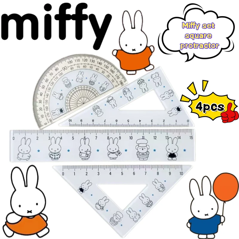 Miffy-Lineal, kreatives, hochwertiges Cartoon-Lineal, niedliches, hochauflösendes Druck-Acryl-Lineal, verdickt, Schüler-Schreibwaren, 4-teiliges Lineal-Set