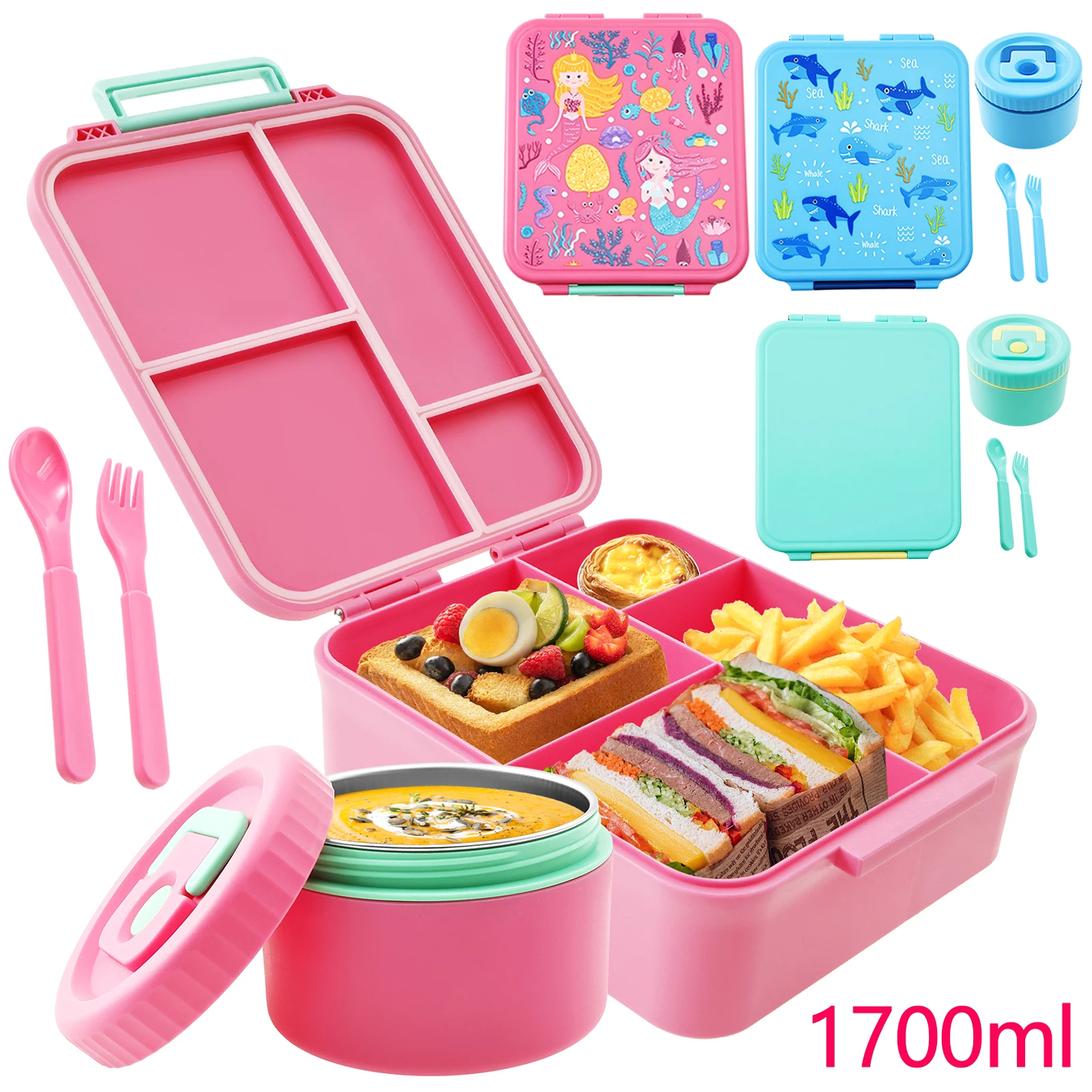 Large 1700ml Portable Sealed Lunch Box with Utensils and Soup Bowl - Ideal for Office, School, and On-the-Go Meals