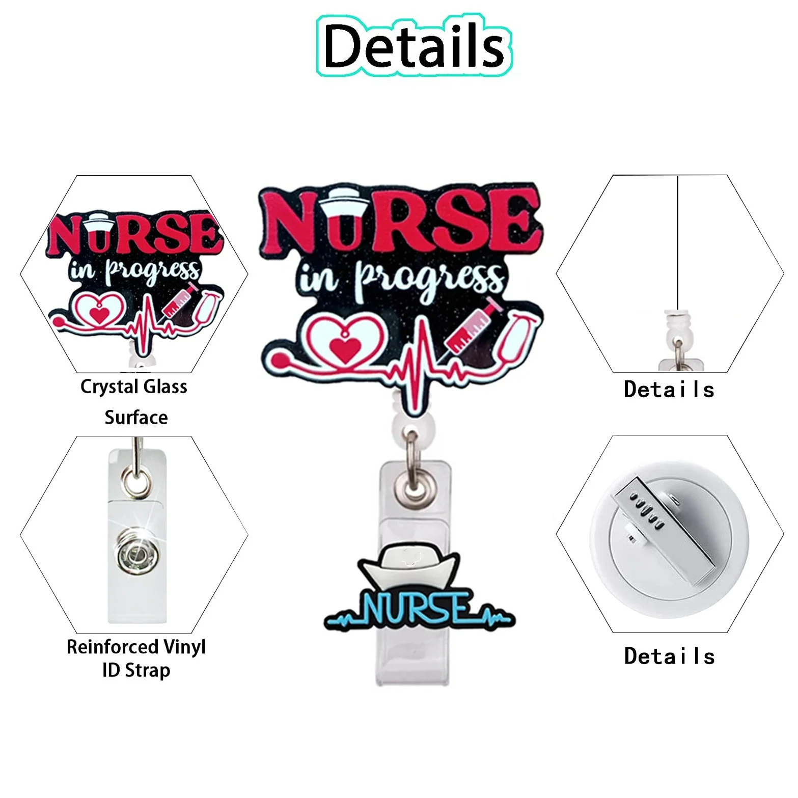 Medical Acrylic Glitter Pill Dental Retractable Badge Reel Rotatable Crocodile Clip ID Badge Holder for Doctor Nurse