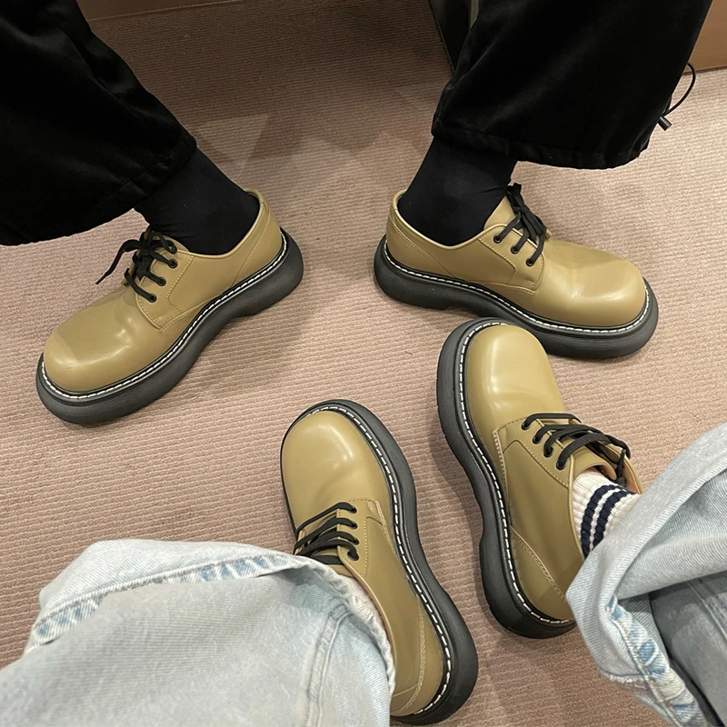 

Ботильоны на шнуровке в британском стиле, кожаные короткие сапоги в стиле вокадо, на платформе, с круглым носком, для езды на велосипеде