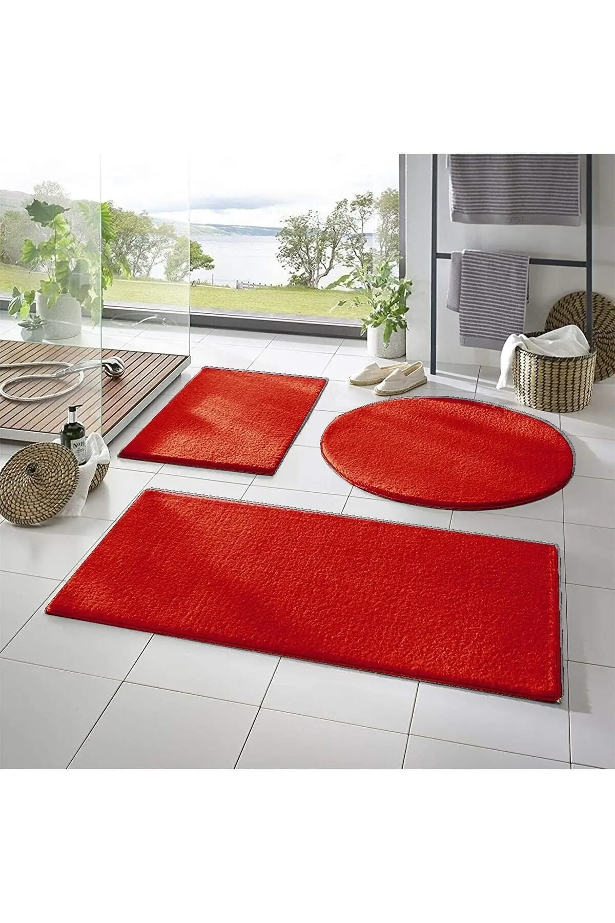 

Sarar Post 3 Bath Carpet (60x100, 40x60, 60x60 Round) Plush Carpet Toilet Set Red Polypropylene 70x100