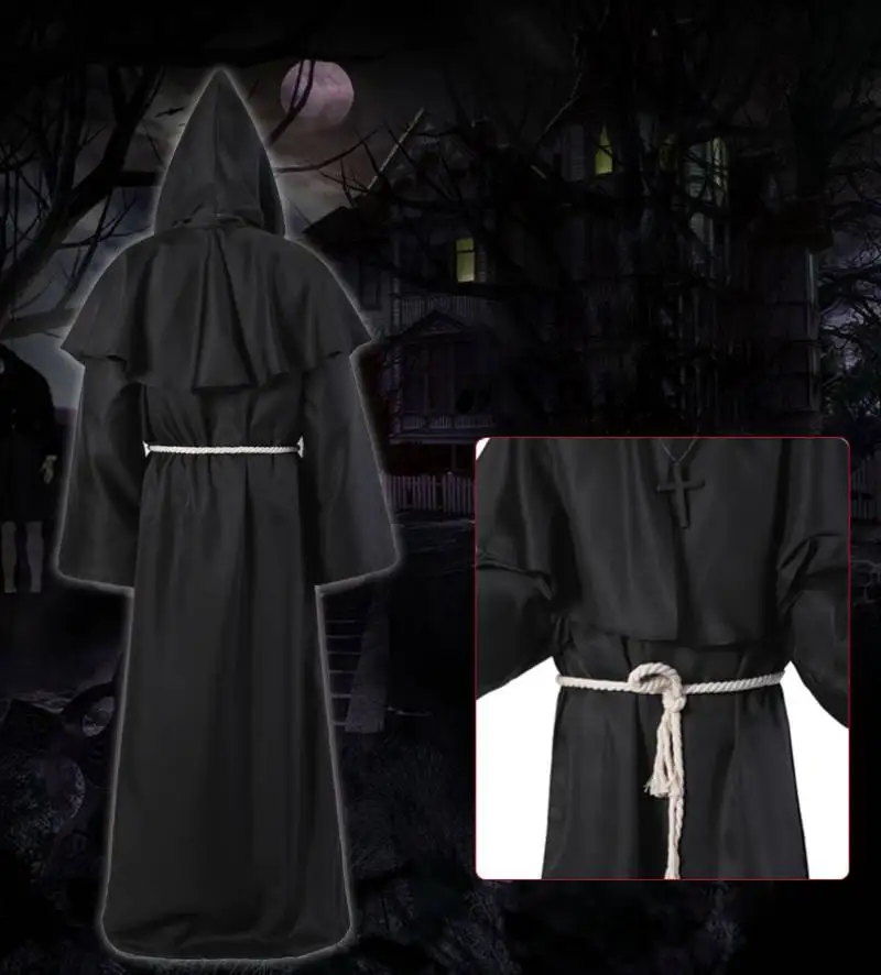 Halloween Medieval Christian Friar Priest Robe Witch Wizard Cloak Cape Party Death Ghost Vampire Devil Cosplay Costumes Clothing