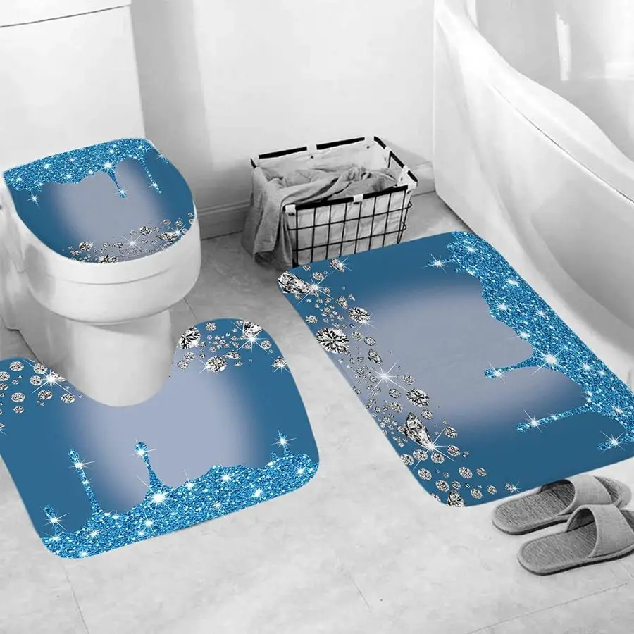 Sparkling Diamond Shower Curtain Set Shiny Bathroom Trim Carpet And Toilet Seat 4Pcs