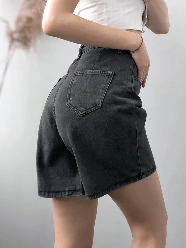 2024 New Summer Women High Waist Button Wigh Leg Jeans Shorts Casual Female Loose Fit Blue Denim Shorts  womens  high waisted