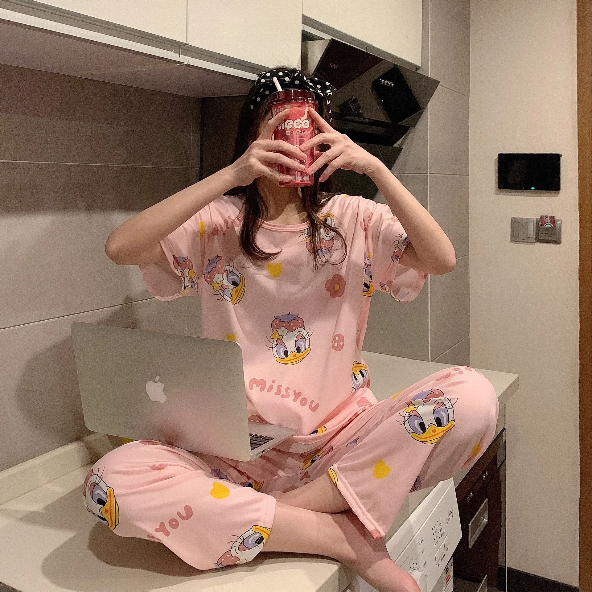 Cotton pajama set Summer home clothes set Disney cartoon Mickey and Minnie print pajamas women's summer short-sleeved trousers two-piece suit casual home wear