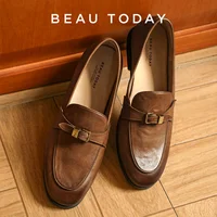 BEAUTODAY Loafers Women Cow Leather Waxing Round Toe Metal Buckle Strap Slip-on Flats Business Suit Ladies Shoes Handmade 26267 - Image 2