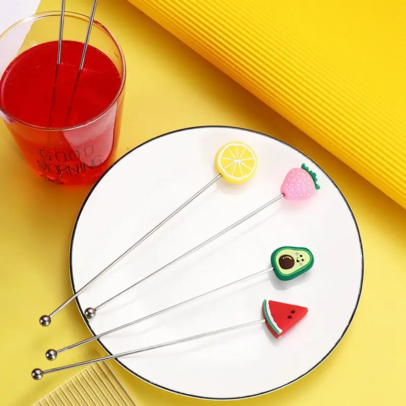 Stainless Steel Stir Bar Reusable Drinks Cocktail Stirrer with Silicone Fruit Decoration Mixing Rod for Home Kitchen Bar Party