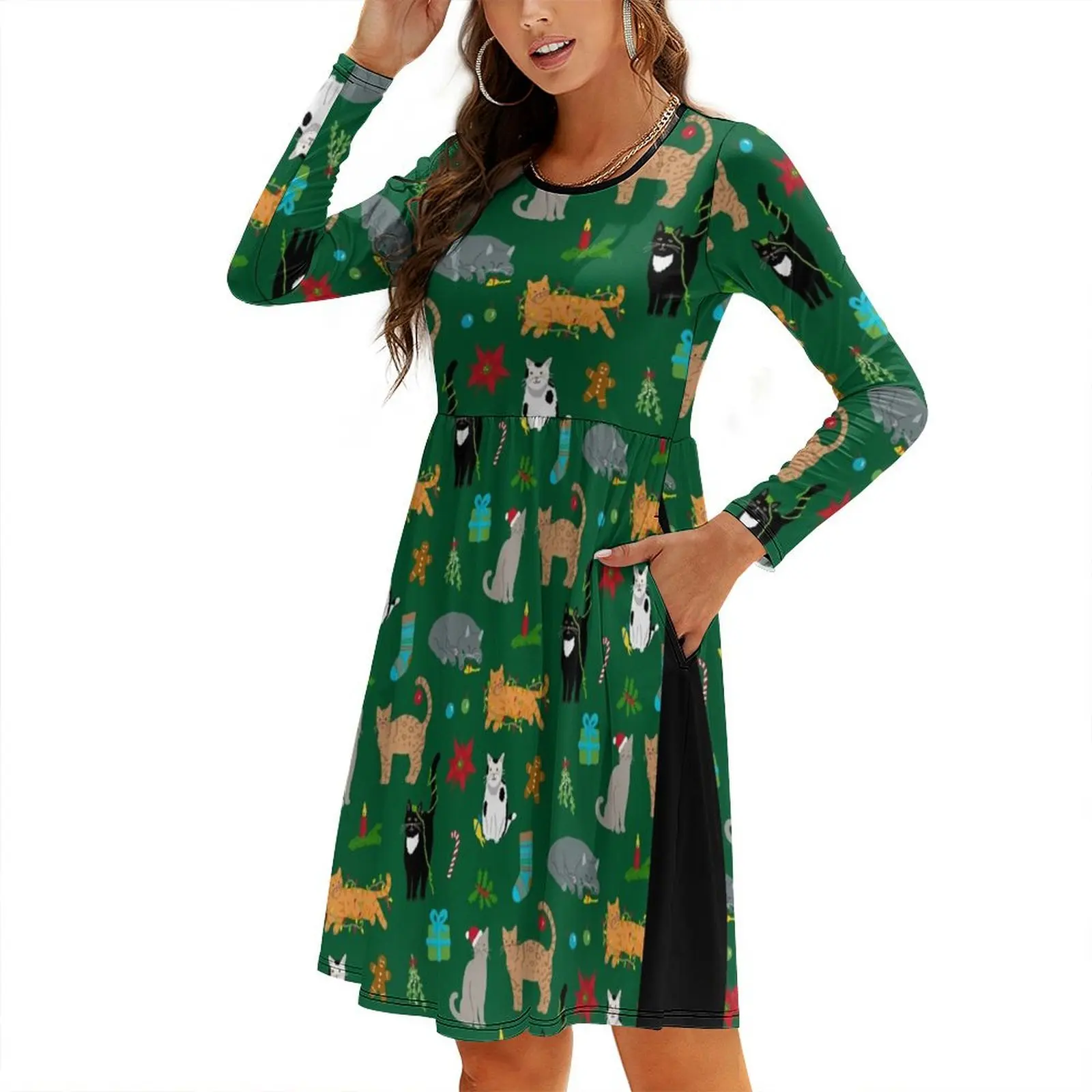 

Christmas Cats Round Neck Baggy Dress evening dress women african dresses for woman