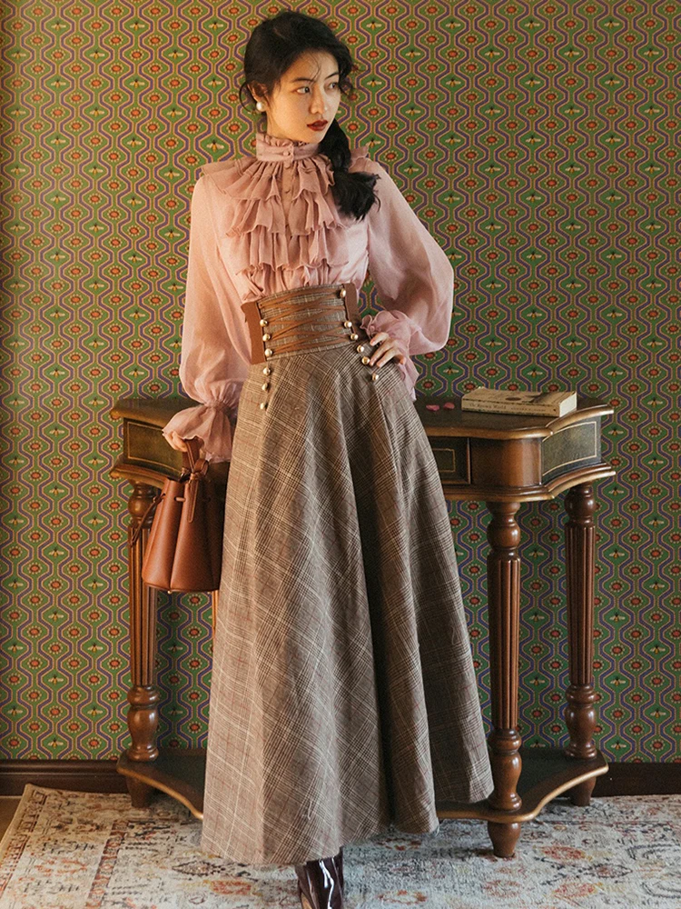 Vintage Plaid Long Skirt Women Autumn Winter High Waisted
