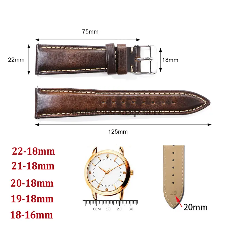 18mm 19mm 20mm 21mm 22mm Universal Vintage Oil Wax Leather Watch Straps Brown Head Layer Watch Band Men Accessories Pin Buckle - Image 6