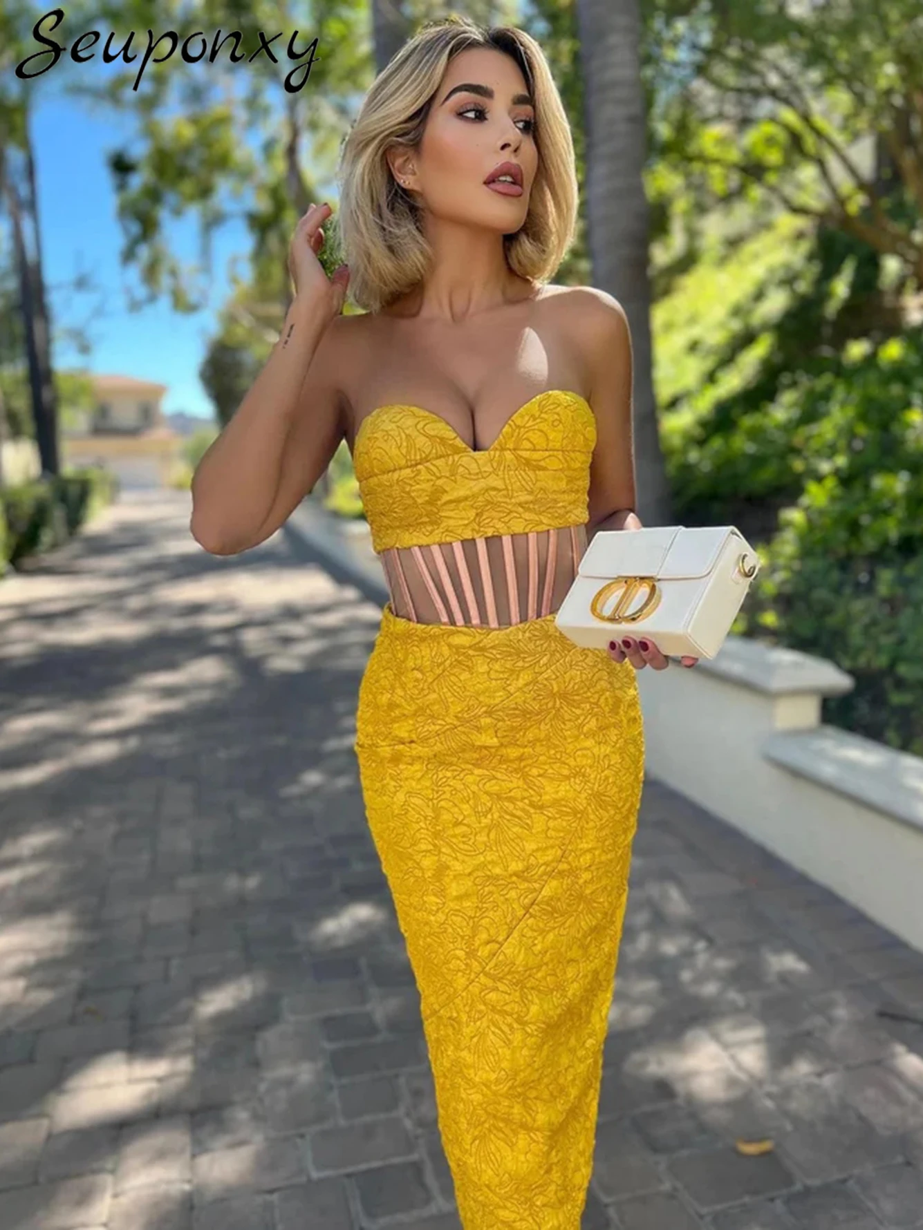 

High Quality Summer Sexy Off Shoulder Backless Mesh Bodycon Yellow Dress Women 2022 Elegant Evening Party Club Dress Vestidos