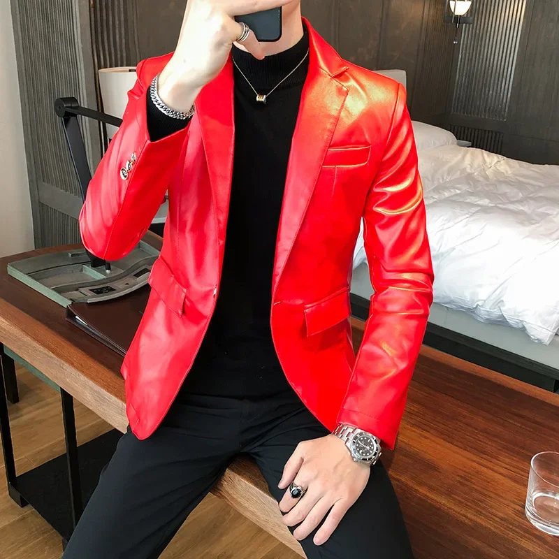 Autumn Leather Jacket Men Slim fit Casual Business Blazer Masculino Solid Color Street Wear Social PU Coat Costume Homme
