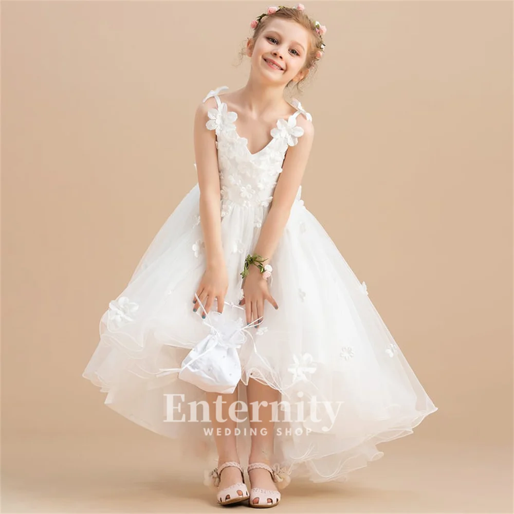 Flower Girl Dresses Ball-Gown V-Neck Girls Elegant Dresses Asymmetrical Tulle Beading Flower Wedding Dresses Vestidos Para Niñas