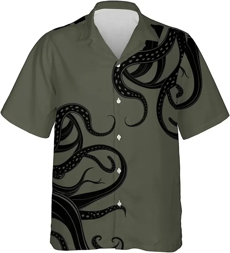 thumbnail image 1 of Camisa de verano para hombre con estampado 3D de pulpo y animales marinos, manga corta, botones de solapa, camisas personalizadas para viajar al trabajo, estilo hawaiano, 1 of 5