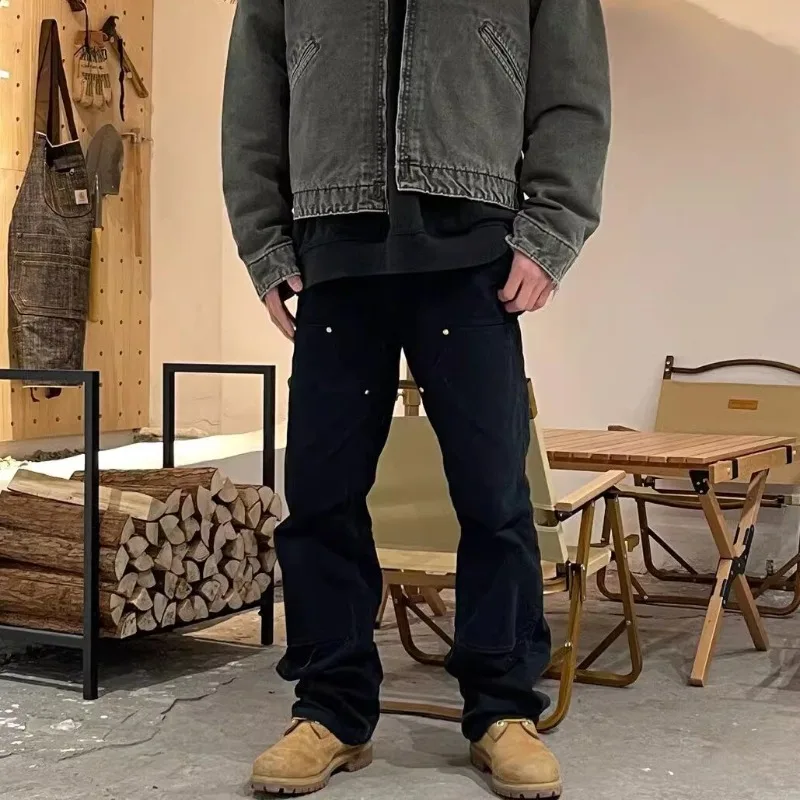 

Streetwear Casual Cargo Pant Men's Japanese Vintage Multi Functional Woodcutting Pants Couple Canvas Rivet Double Knee Workwears