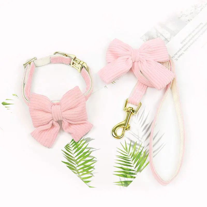 Classic Dog Collar Leash Set Bowtie Soft Velvet Pet Collars And Leash for Small Medium Dogs Outdoor Walking