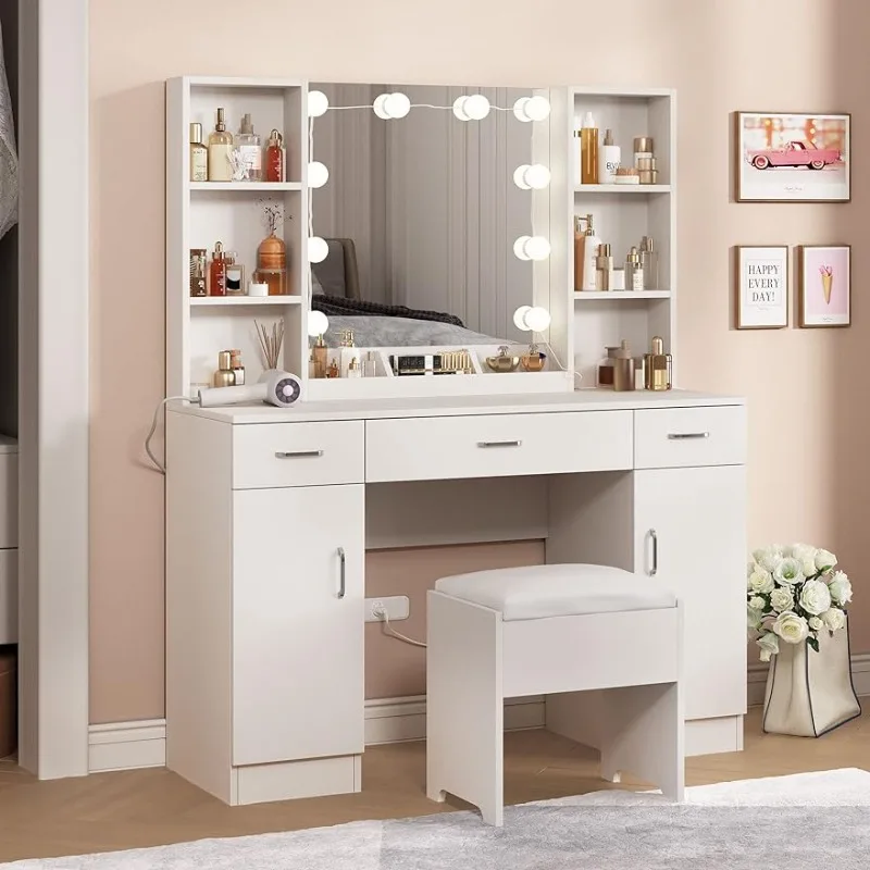 

Makeup Vanity Desk with Lights, 3 Lighting Colors, White Vanity Set Makeup Table with 3 Drawers, 2 Cabinets and Multiple Shelves