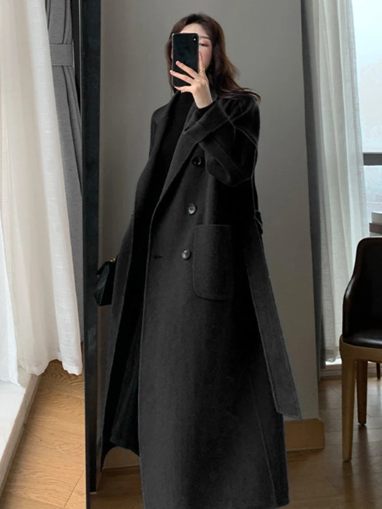 

Elegant Women Long Woolen Coat Winter Thicken High-End Office Lady Fashion Wool Blend Overcoat Oversize Navy Black Coat