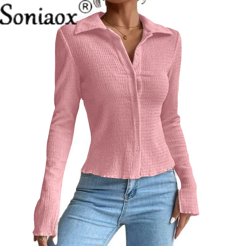 

Autumn Solid Colour Lapel Slim Fit Women's T-shirt Fashion Casual Button Splicing Long Sleeve Shirt Cardigan Street Ladies Tops