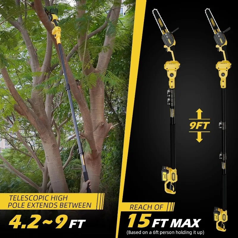 Cordless Pole Saw Mini Chainsaw 2-IN-1 21V 3Ah Battery Powered 6 Inch Brushless Electric Rotatable Pole Saw 15-Foot Max Reach