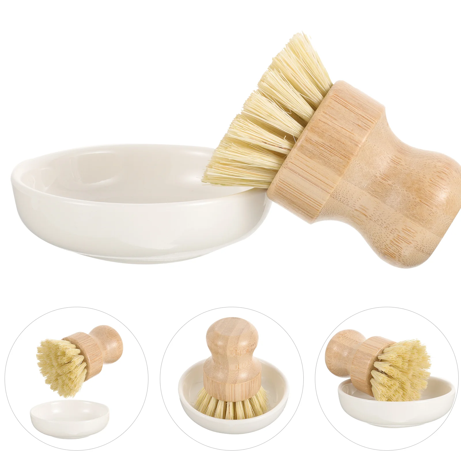 

Bamboo Dish Brush Ceramic Holder Bowl Cleaning Scrub Brush Pot Scrubber Brush Bubble Up Soap Dispenser Dish Pans