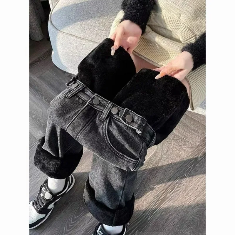 Smoke Gray Plush Thick High Waisted Jeans for Winter Warmth Loose Straight Leg Drape Wide Leg Pants for External Wear instagram japanese wide leg pants for boys high waist loose straight leg hong kong style retro chic drape pants for student