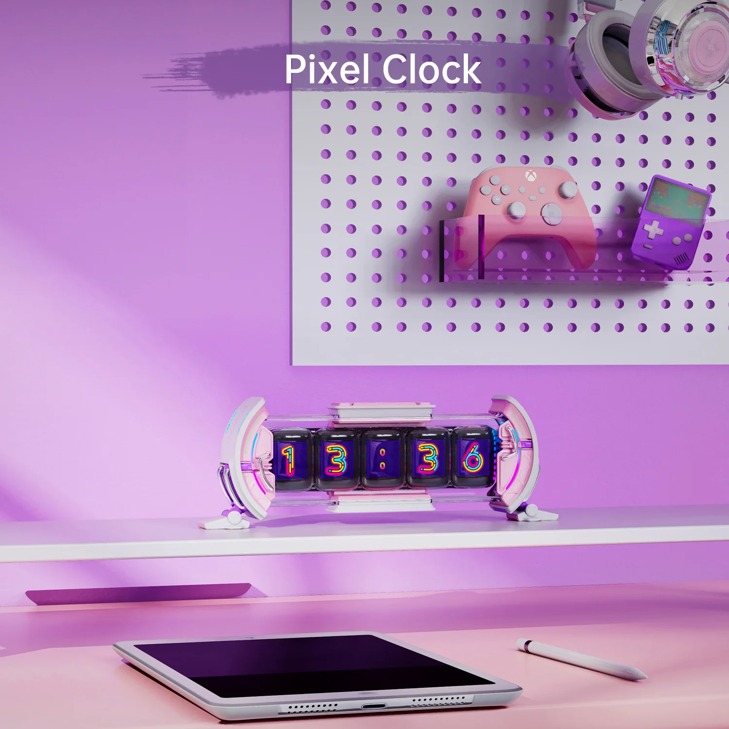 Divoom krát brána roztomilá herní digitální hodiny informative displej sociálních média, pixel umění displej pro gamers dekorace (pink)