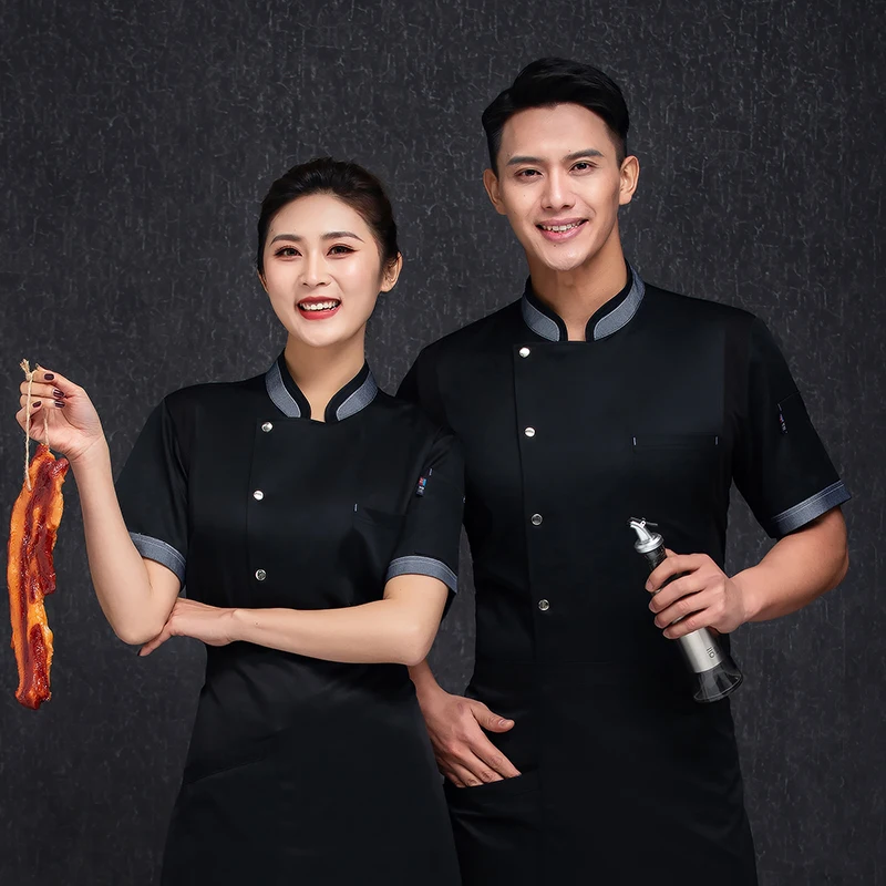 

Black Unisex Kitchen hotel Chef Uniform Bakery FoodService Cook Short Sleeve shirt Breathable Breasted white Chef Jacket clothes
