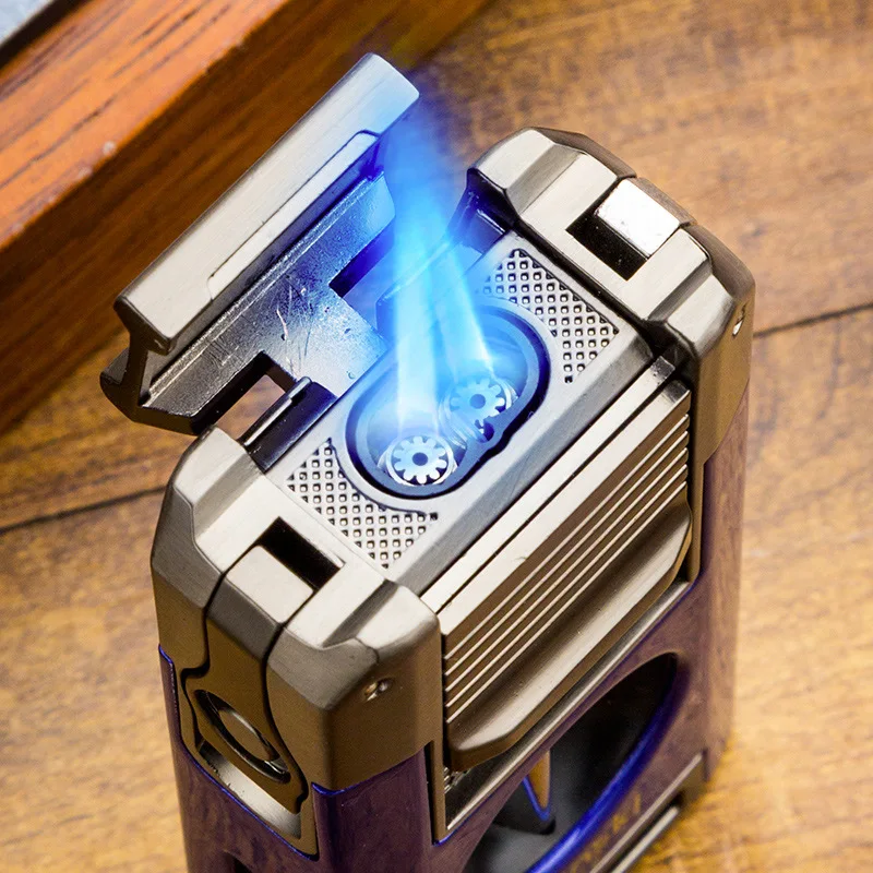 4 In 1 Cigar Lighter with Cutter Puncher Holder Windproof 2 Jet Flame