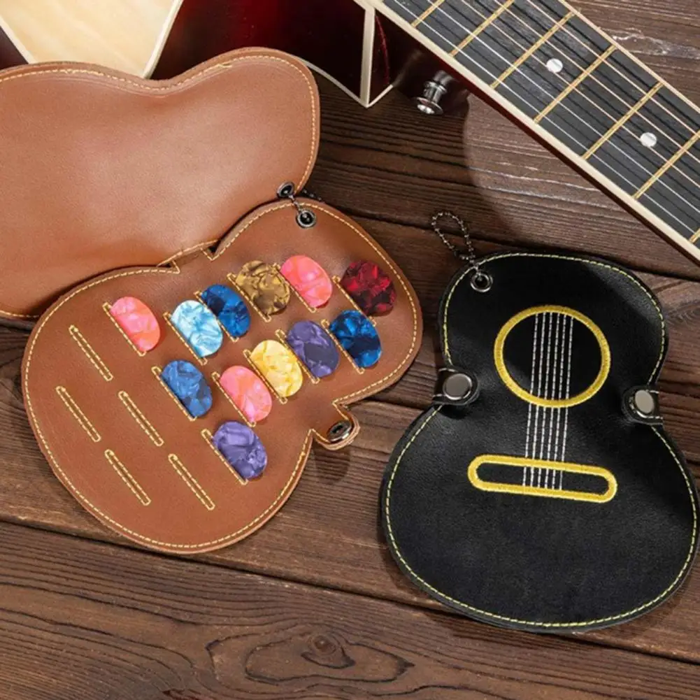 Guitar Pick Holder Faux Leather Guitar Picks Case Keychain with 17 Slots Guitar-shaped for Musician for Guitarist