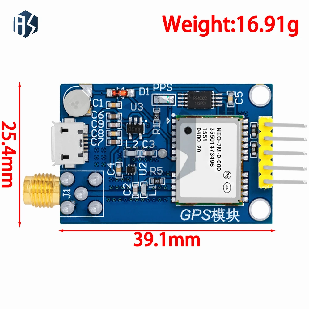 Vue rapprochée du module GPS NEO-6M/7M/8M/9M avec USB, puce et composants électroniques visibles