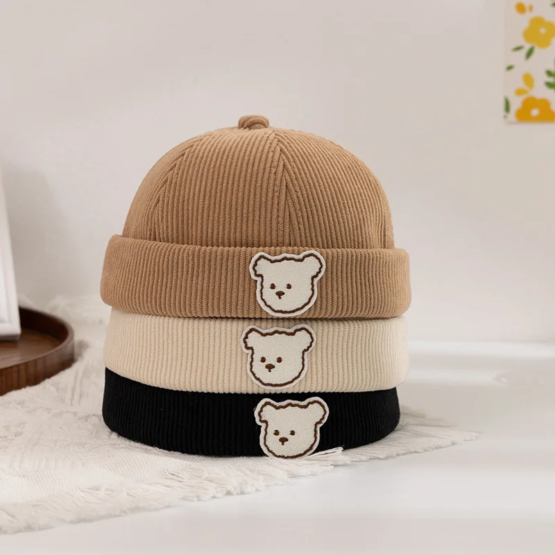 

New Baby Beanie Cute Bear Corduroy Kids Melon Skin Hat Korean Casual Warm Children Landlord Cap