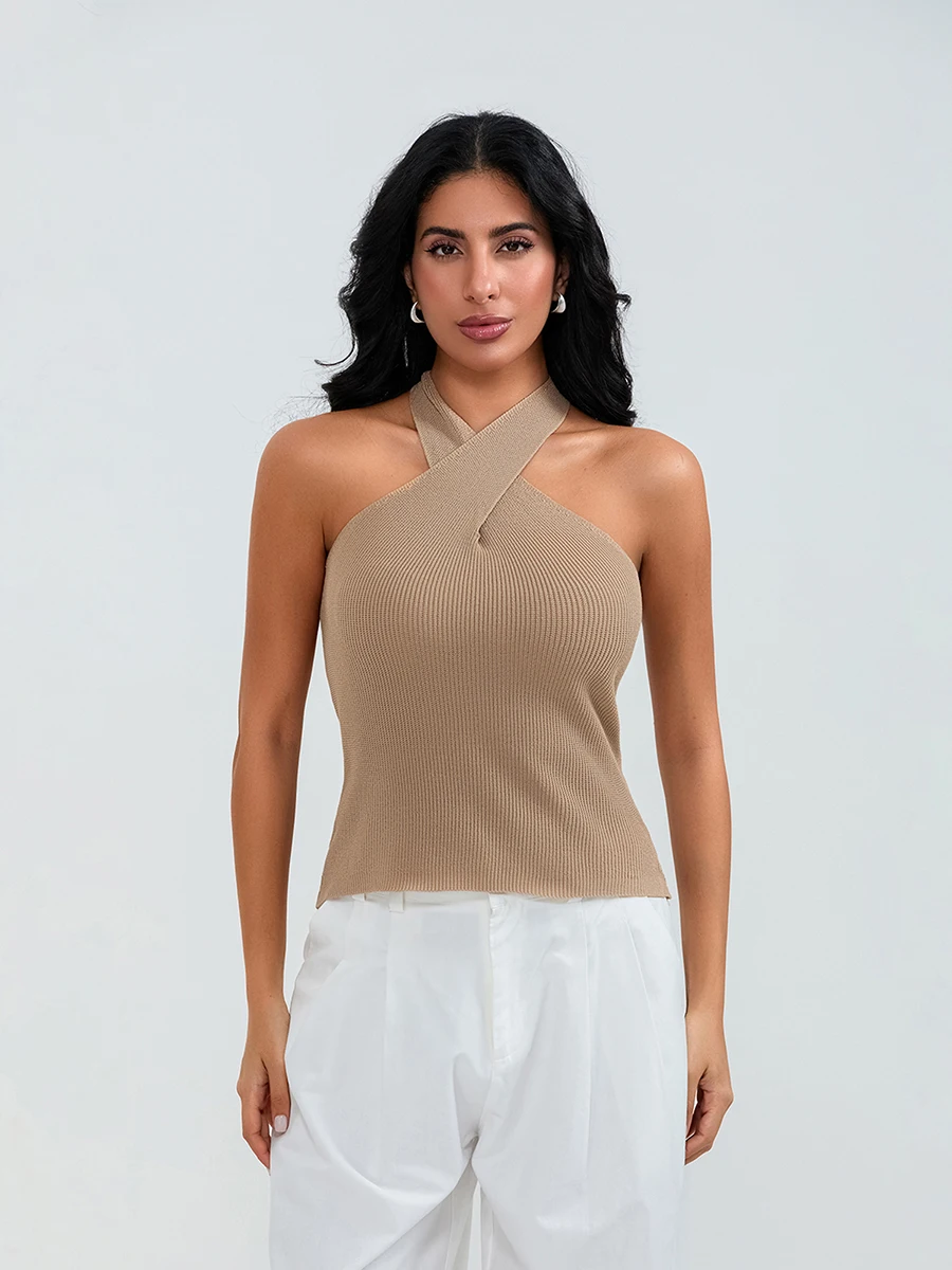 Women's Summer Knit Tank Tops Solid Color Sleeveless Cross Front Slim Sweater Vest Ladies Chic Camis Vest for Streetwear Y2K 00s photo