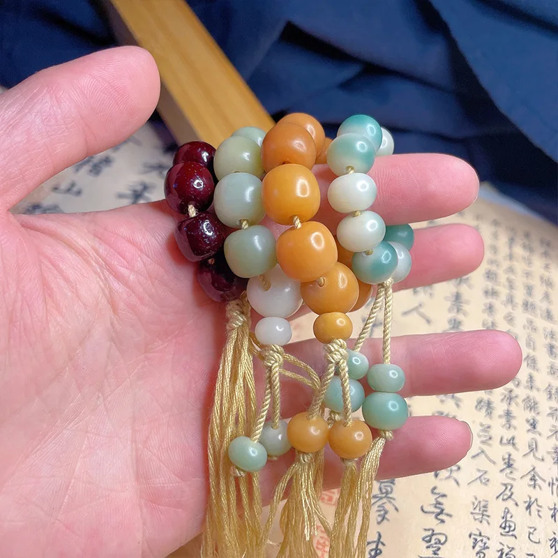 Natural White Jade Bodhi Root Small Hand Twist Seiko Star Moon Cinabro Design Jewelry Buddha Bead Bracciale Invia Regalo Fidanzata