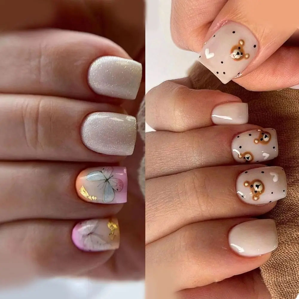 

Французские накладные ногти, съемные короткие круглые блестящие накладные ногти с бабочкой, полное покрытие, накладные ногти в виде медведя для салона