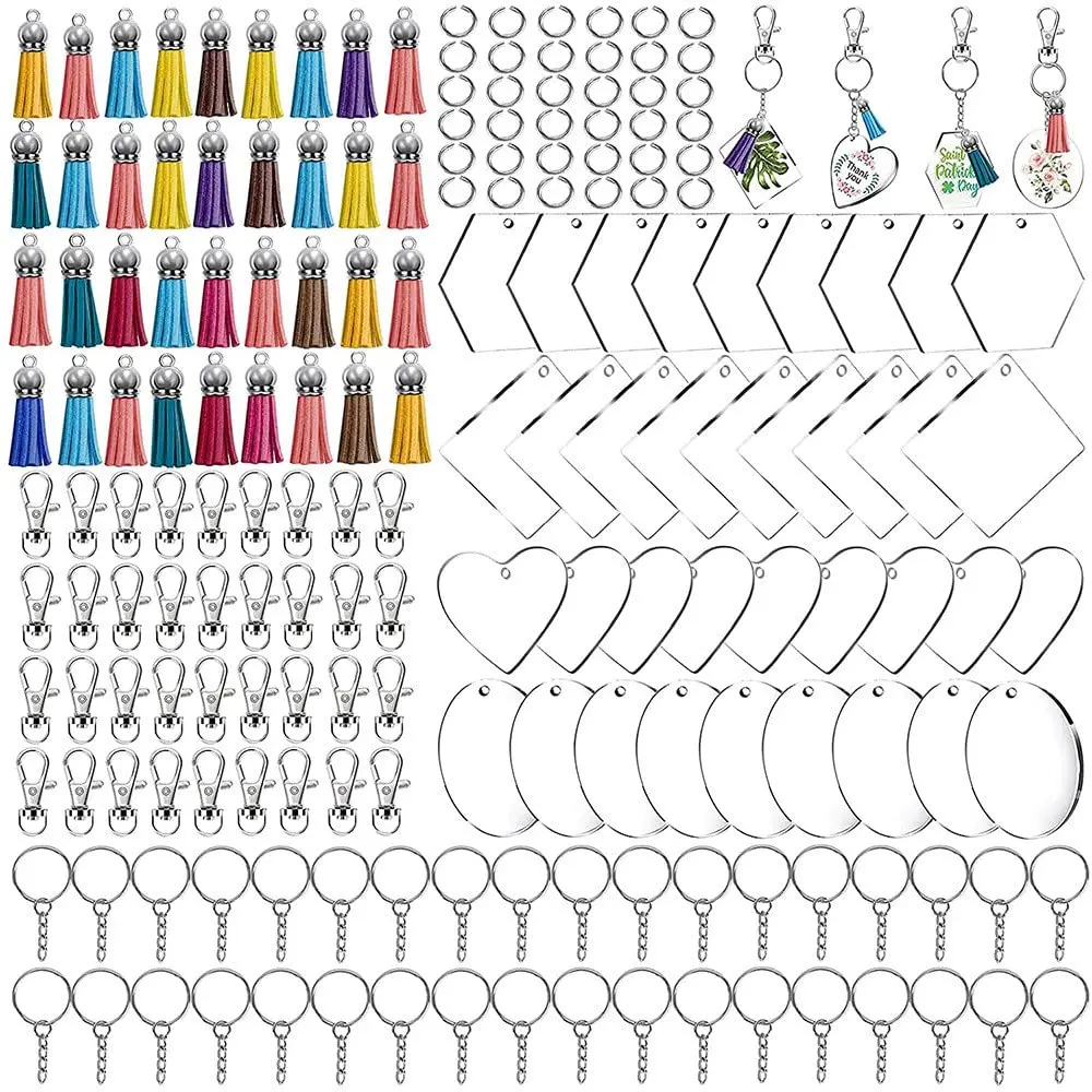

200Pcs Blanks Keychain Acrylic Blanks Bulk with 4 Shapes Acrylic Leather Tassel Charms Key Chains Jump Ring for DIY Supplies